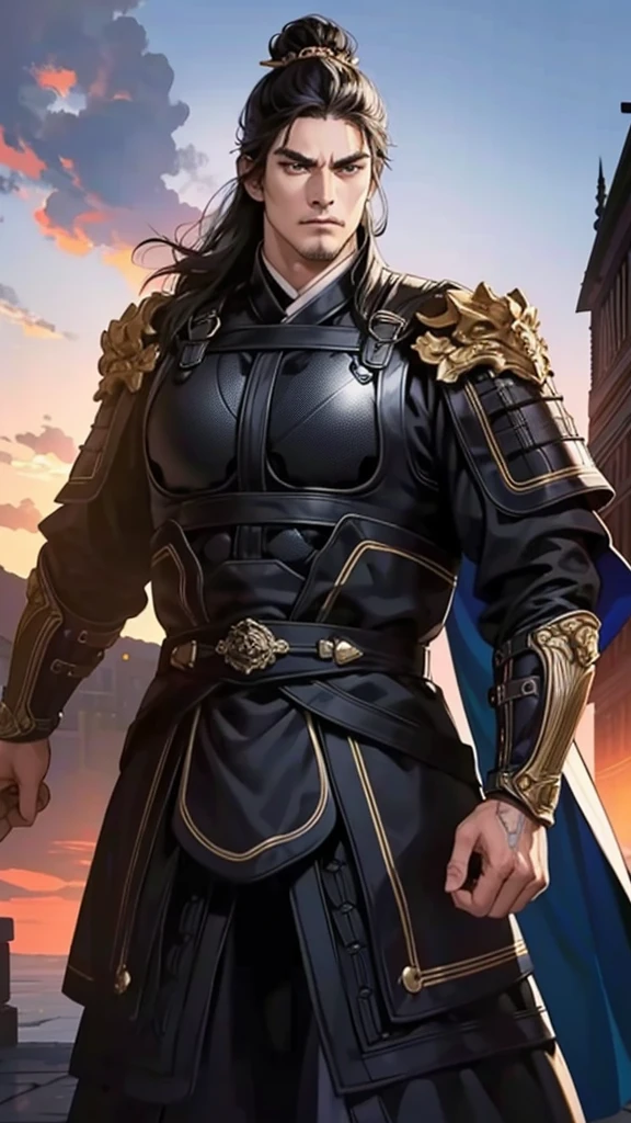 middle aged man, eyes looking at camera, perfect male body, epic character, (amazing, tall and strong, muscular,black hair,frown, black coat),dramatic shadows, oriental armor,(masterpiece, high resolution, perfect eyes, Ultra-detailed:1.0)