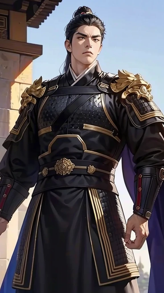 middle aged man, eyes looking at camera, perfect male body, epic character, (amazing, tall and strong, muscular,black hair,frown, black coat),dramatic shadows, oriental armor,(masterpiece, high resolution, perfect eyes, Ultra-detailed:1.0)