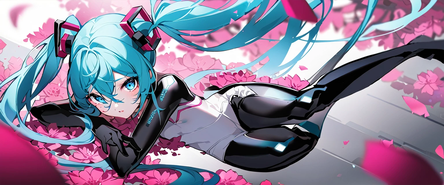 masterpiece, Highest quality, One girl, alone, Long Hair, hatsune miku, Twin tails, very Long Hair, bodysuit, Blue Hair, gloves, whole body, blue eyes, floating, View your viewers, hair ornaments, No sleeve, black gloves, Multicolored Hair, Facial blemishes, No sleeve ドレス, flower, Part your lips, absurdly Long Hair, elbow gloves, White Dress, Hair between the eyes, 