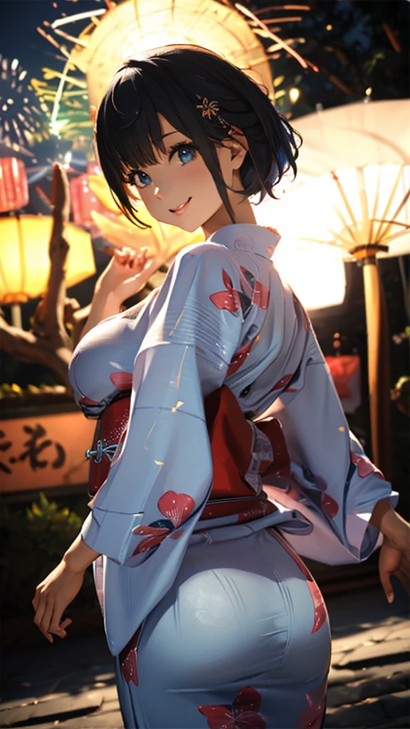 (masterpiece, Highest quality, Super detailed), figure, omatsuri, food stand, One girl, Beautiful Eyes, View your viewers, From behind, Cowboy Shot, Recall, (yukata, Festivals、stall、firework、Dramatic lighting),wood, Outdoor,road, walking, crowd, night, lanthanum, food, paved, 横断歩road, paper lanthanum, lamp post, night sky,(Silver braided short bob, Soft curves、Large Breasts、A fascinating body),((super fine illustration)),((cute eyes,highly detailed skin)),((smile)),(Perfect Anatomy:1.2)