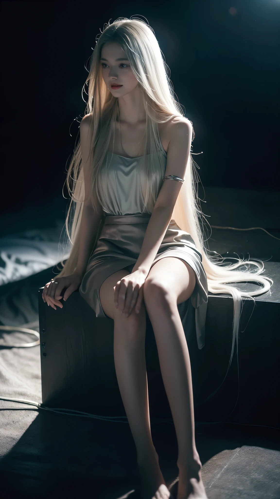 ((For the world,You may be alone,But for someone,You could be the whole world, paradox, Adrian Genius, Jenny Savile, Edward Hope, The Dark Arts of James Jean, Takato Yamamoto)),(RAW photos, best quality), ((Nostalgia,1980s Style)),(A girl with a literary atmosphere:1.2),(Practical, photo-Practical:1.3), Extremely refined, Astonishing, Fine details, masterpiece, Extremely detailed, high resolution,Best Illustration Award, The best shadow,complex,Depth of Field,1 Girl,(Long legs:1.4),Long hair,Messy hair,((((Low profile,Dark scenes,Dark)))),fat,(((Soft lighting:1.4))),(Pale skin:1.4),(Shy laugh),(angle),Clear focus, Volumetric Fog, 8K Ultra HD, Digital SLR Camera, high quality,( Film Grain:1.4), Fuji XT3,(Looking at the audience)