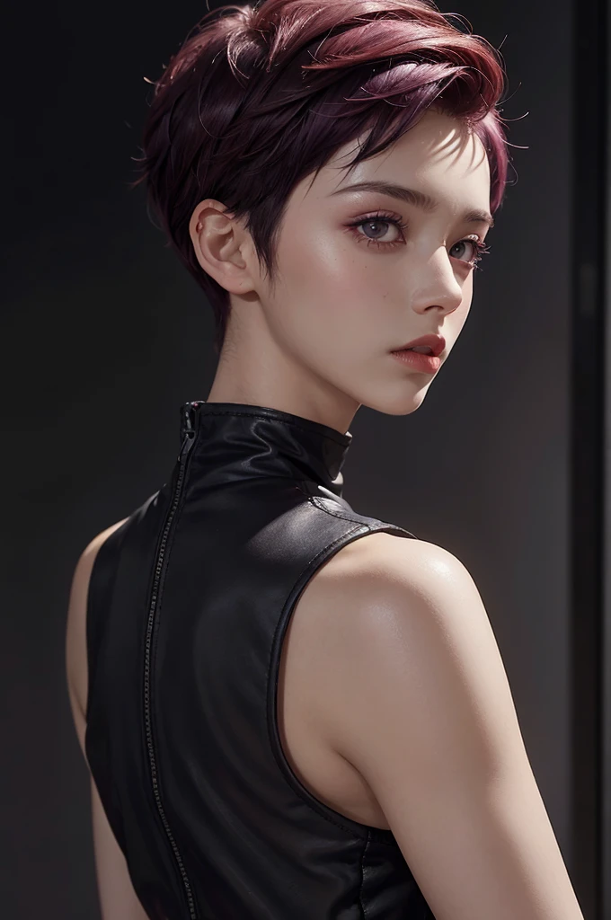 a 20 yo woman, red-purple hair, short hair, black eyes, (hi-top fade:1.3), dark theme, soothing tones, muted colors, high contrast, (natural skin texture, hyperrealism, soft light, sharp)