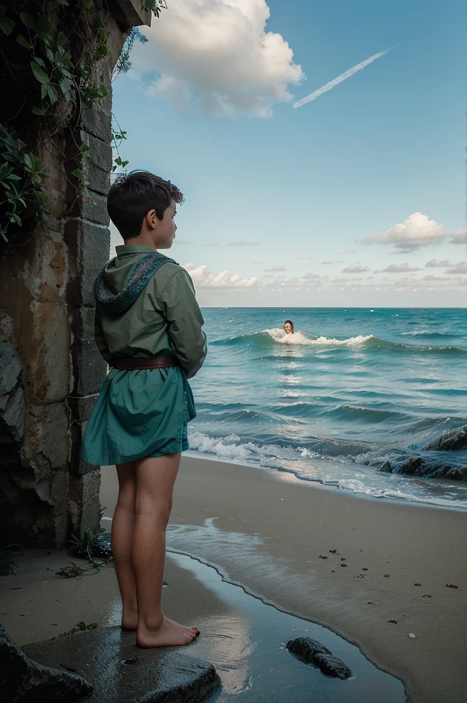 Illustration for a fairy tale about a boy, standing on the shore, who talks to the mermaid 
