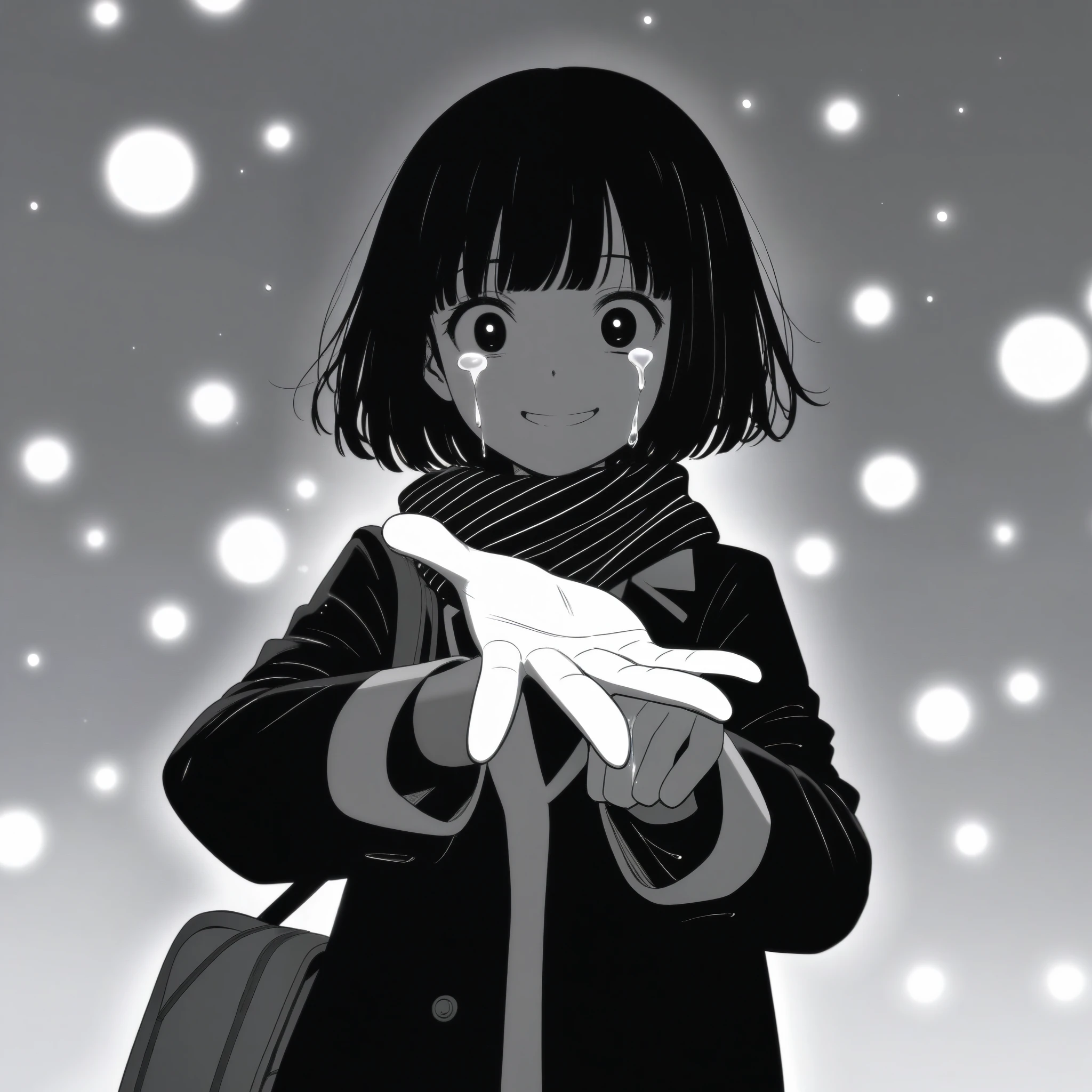 masterpiece, best quality, 1girl, mamerakkkkko, grayscale, manga style, japanese, chi no wadachi, black eyes, street, iced, black hair, schoolbag, smile, lineart, black coat, black scarf, black pleated skirt, leggins, centered, 18 years old, tall, fair skinned, bokeh background, crying, tears, tears streaming, bob cut, light particles, centered, snowing, (((reaching out left hand to viewer, perfect hand, detailed hand:1.1)), emotional anime scene