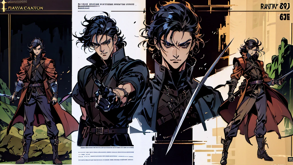 best quality, Masterpiece,Picture quality up to 8K, ภาพHigh quality,(((Masterpiece))), (((best quality))), Sharp picture, Awesome details，High quality，Masterpiece, Sharp facial details ,Face quality up to 8K，1 boy, alone, black hair, short hair, blue eyes, black shirt,black veil, handsome , metal cuff, black gloves, High Boots, Metal gloves, Medieval Theme, look at viewer, fantasy art, beautiful paintings, Guvaika style, Excellent and neat character art, Amazing characters, Fantasy Sword, (Reference documents:1.5), The system says congratulations on beating level 80 Trevion of Evil and gaining experience.. Level up to 25 and gain 10 stats., You have achieved the legendary initiation feat.