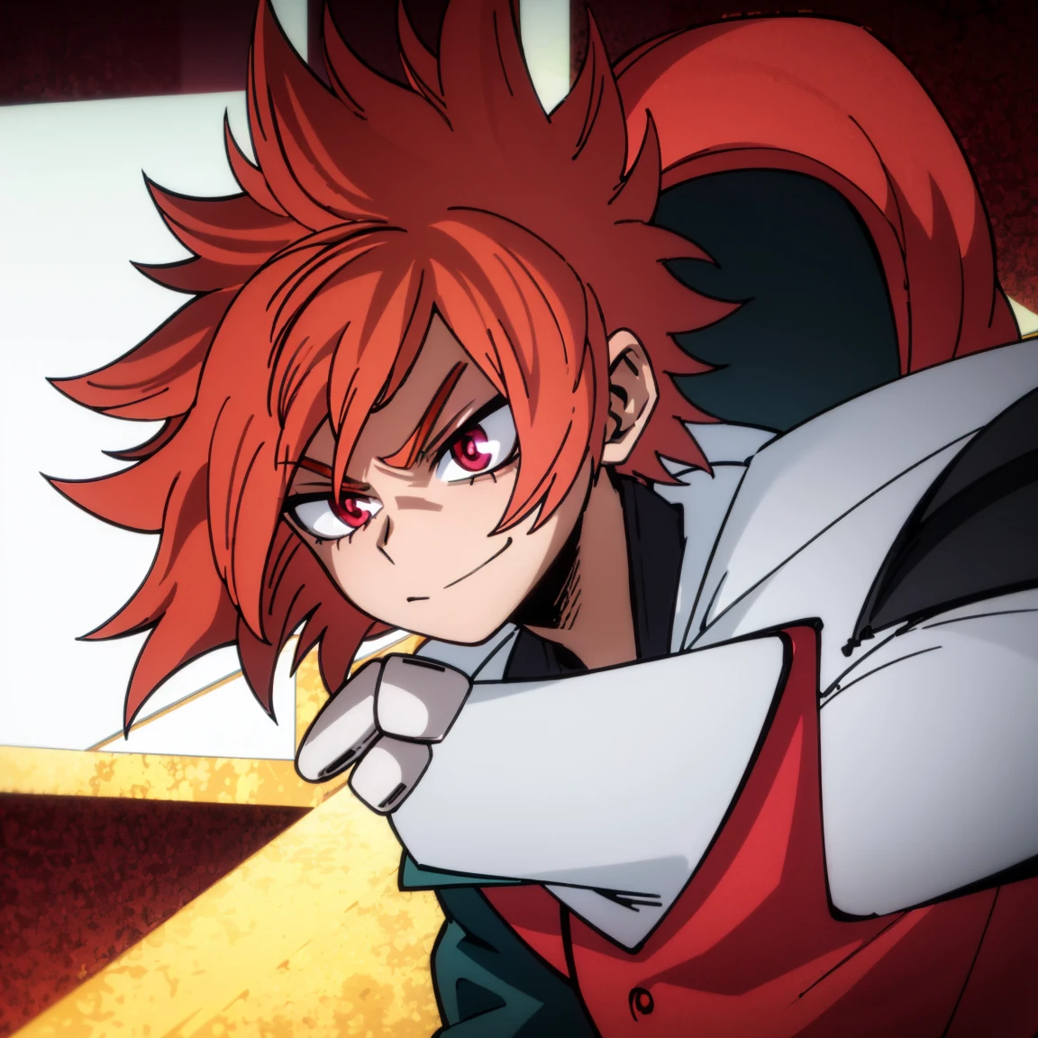 1boy, male focus, solo, muscular body, short hair, fluffy hair, red hair, golden streaks, magenta eyes, smirk, gray jacket, red tie, white shirt, teal pants, mlpsonata, MHA Style, Manhwa style, anime style, perfect eyes, perfect face, model face, boy