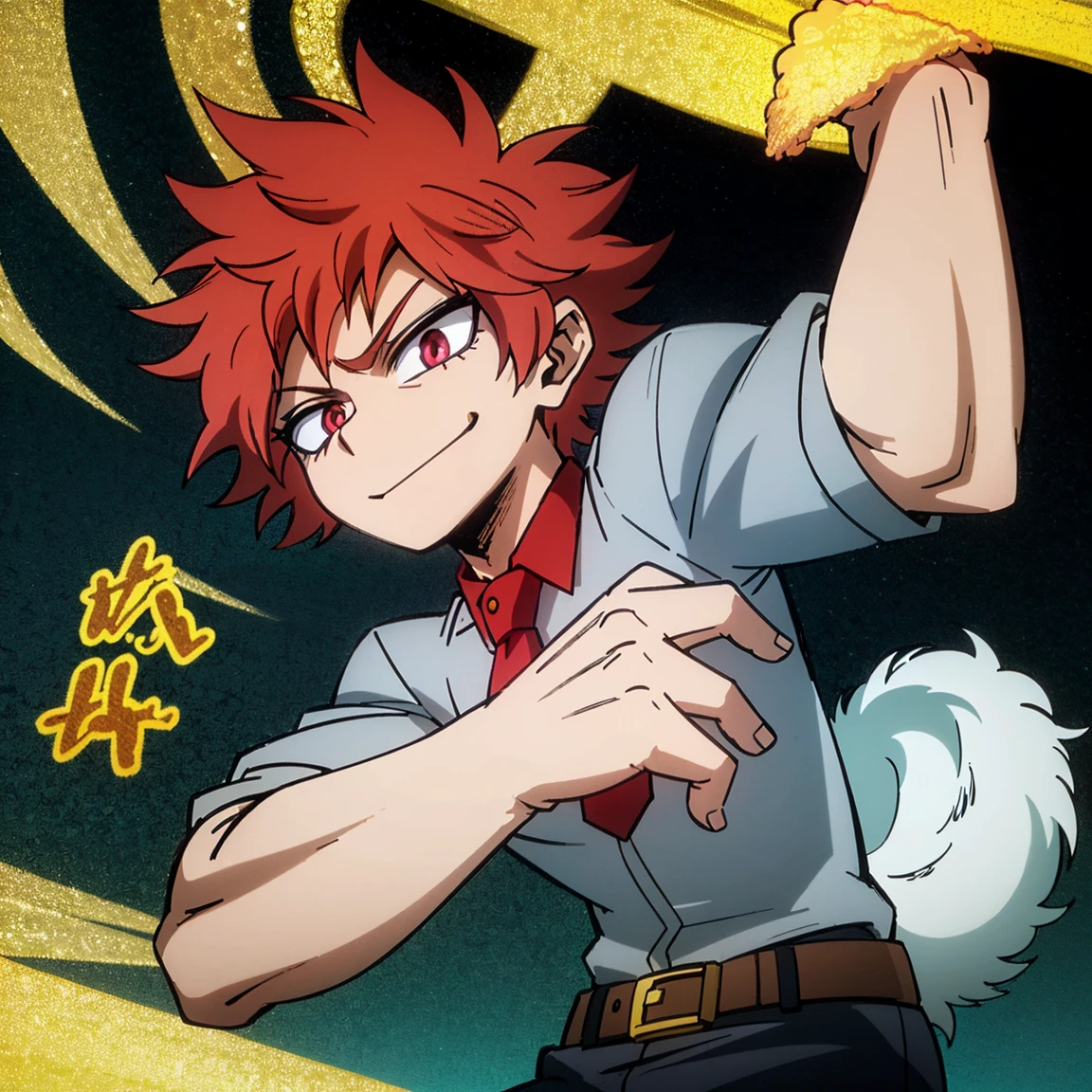 1boy, male focus, solo, muscular body, short hair, fluffy hair, red hair, golden streaks, magenta eyes, smirk, gray jacket, red tie, white shirt, teal pants, mlpsonata, MHA Style, Manhwa style, anime style, perfect eyes, perfect face, model face, boy