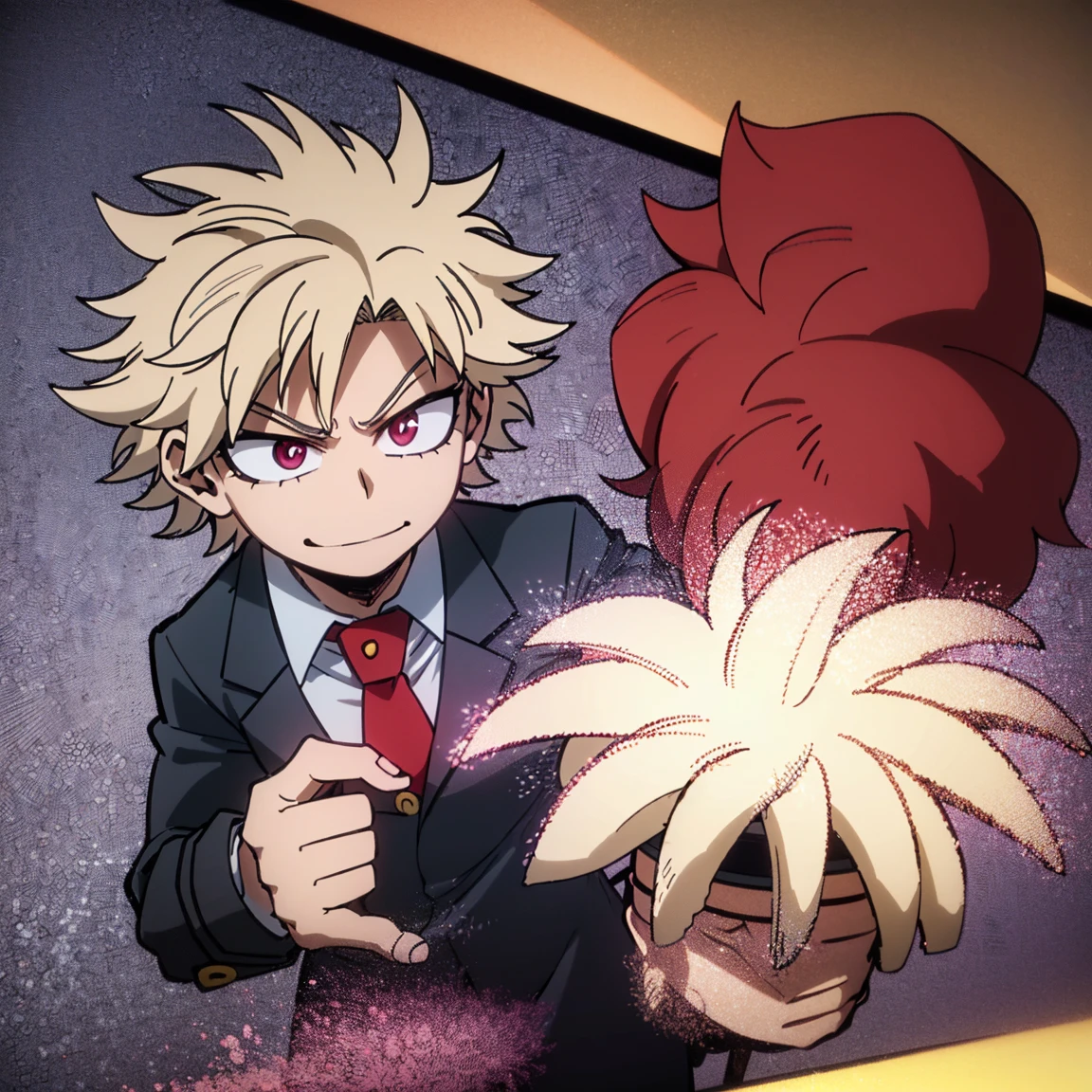 1boy, male focus, solo, muscular body, short hair, fluffy hair, red hair, golden streaks, magenta eyes, smirk, gray jacket, red tie, white shirt, teal pants, mlpsonata, MHA Style, Manhwa style, anime style, perfect eyes, perfect face, model face, boy