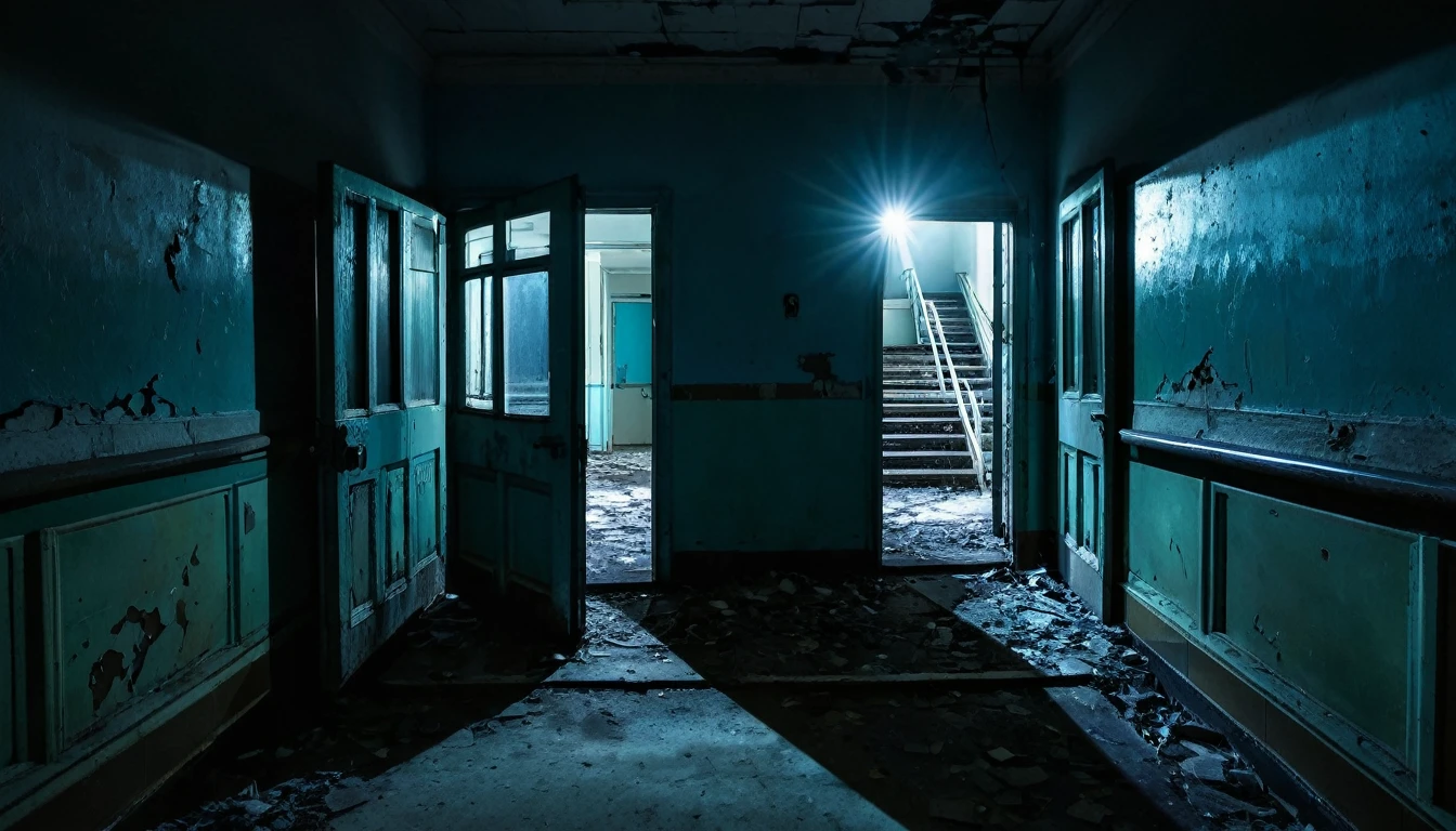 top of the stairs, abandoned hospital, rotting, open door, moonlight entering the door, sinister, macabre environment