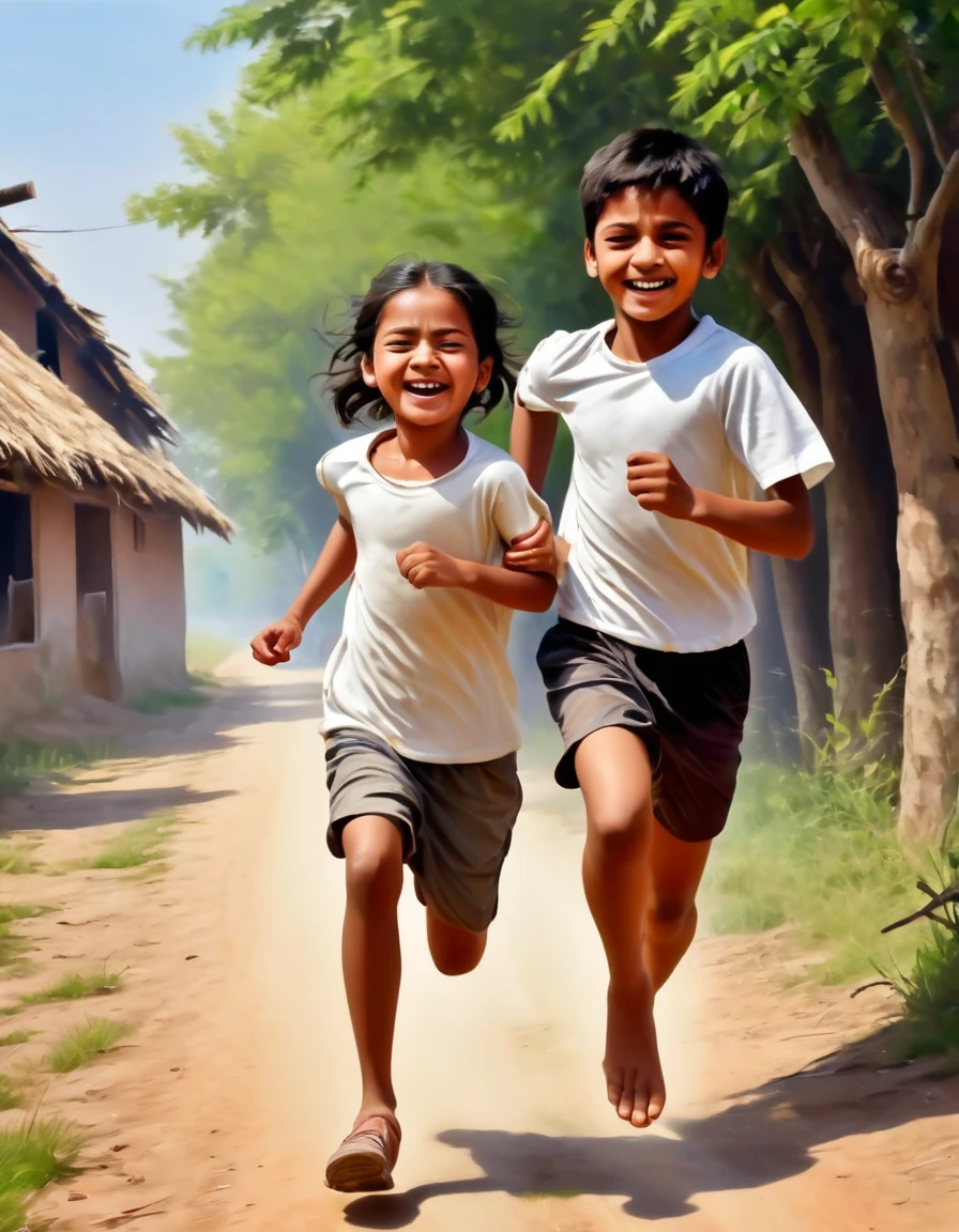 A 16 years old boy with exhaustion, running with his life with his little sister in tow with a firm grip on her hand. While being chased by bandits, both with smiles of sadistic pleasure to kill with no remorse