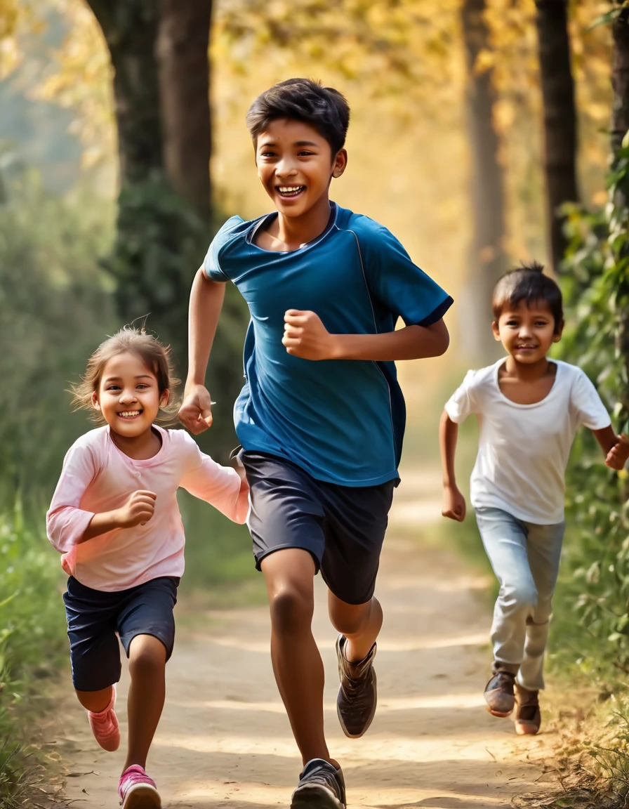 A boy with exhaustion, running with his life with his little sister in tow with a firm grip on her hand. While being chased by bandits, both with smiles of sadistic pleasure to kill with no remorse