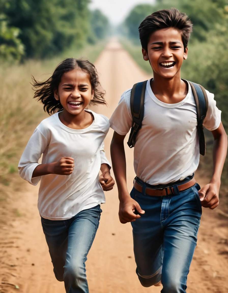 A boy with exhaustion, running with his life with his little sister in tow with a firm grip on her hand. While being chased by bandits, both with smiles of sadistic pleasure to kill with no remorse