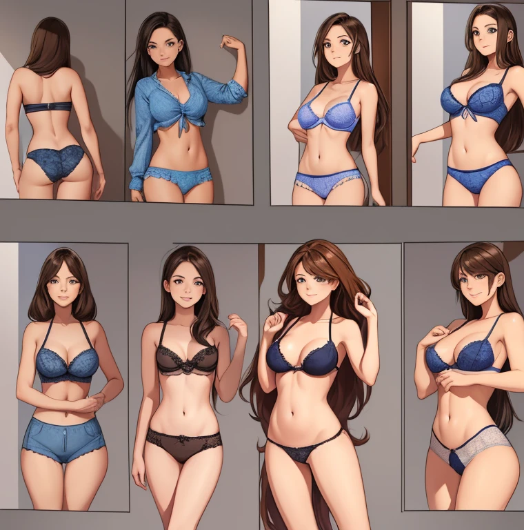 four pictures with different expressions in the same drawing style each shows one woman and two other girls, a few cartoon images of the same female character that i'm not sure what this is, a young girl touching her stomach and her breasts, a collection of sketches of several women, two pages show a woman in underwear next to another girl wearing a thongy panties