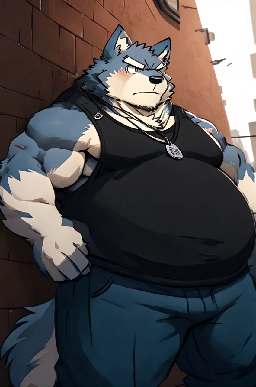 sketch of anthro overweight wolf with big round belly stands in an urban alleyway. serious expression is marked by a small scar on his cheek. He sports a black tank top, blue jeans, and a dog tag necklace, digital art, anime stylish style, kemono art, e621, pixiv, cartoonish