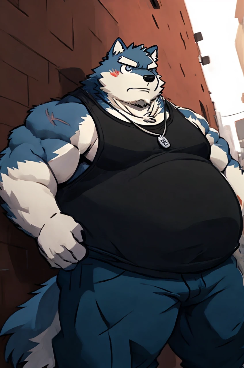 sketch of anthro overweight wolf with big round belly stands in an urban alleyway. serious expression is marked by a small scar on his cheek. He sports a black tank top, blue jeans, and a dog tag necklace, digital art, anime stylish style, kemono art, e621, pixiv, cartoonish