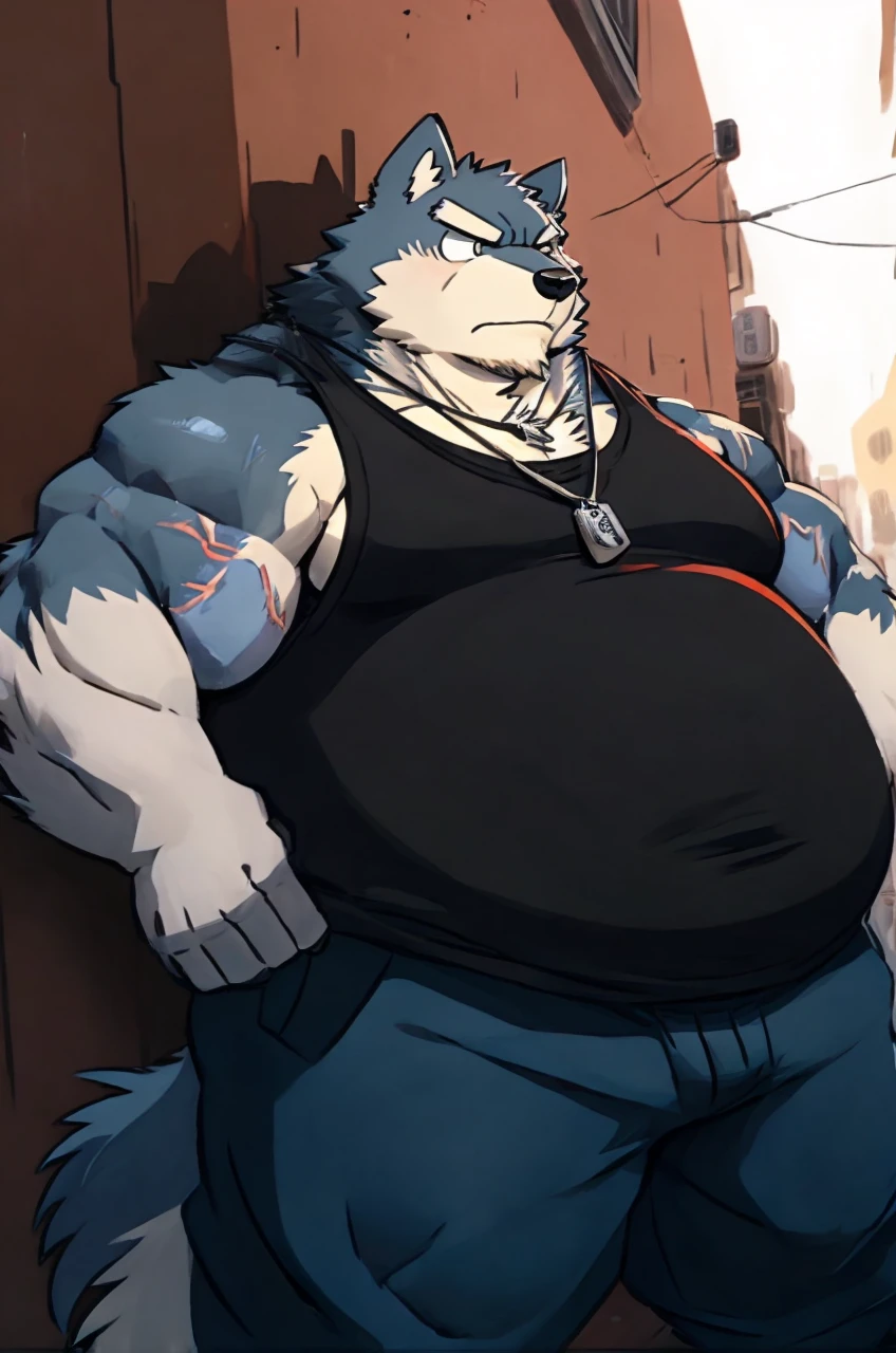 sketch of anthro overweight wolf with big round belly stands in an urban alleyway. serious expression is marked by a small scar on his cheek. He sports a black tank top, blue jeans, and a dog tag necklace, digital art, anime stylish style, kemono art, e621, pixiv, cartoonish