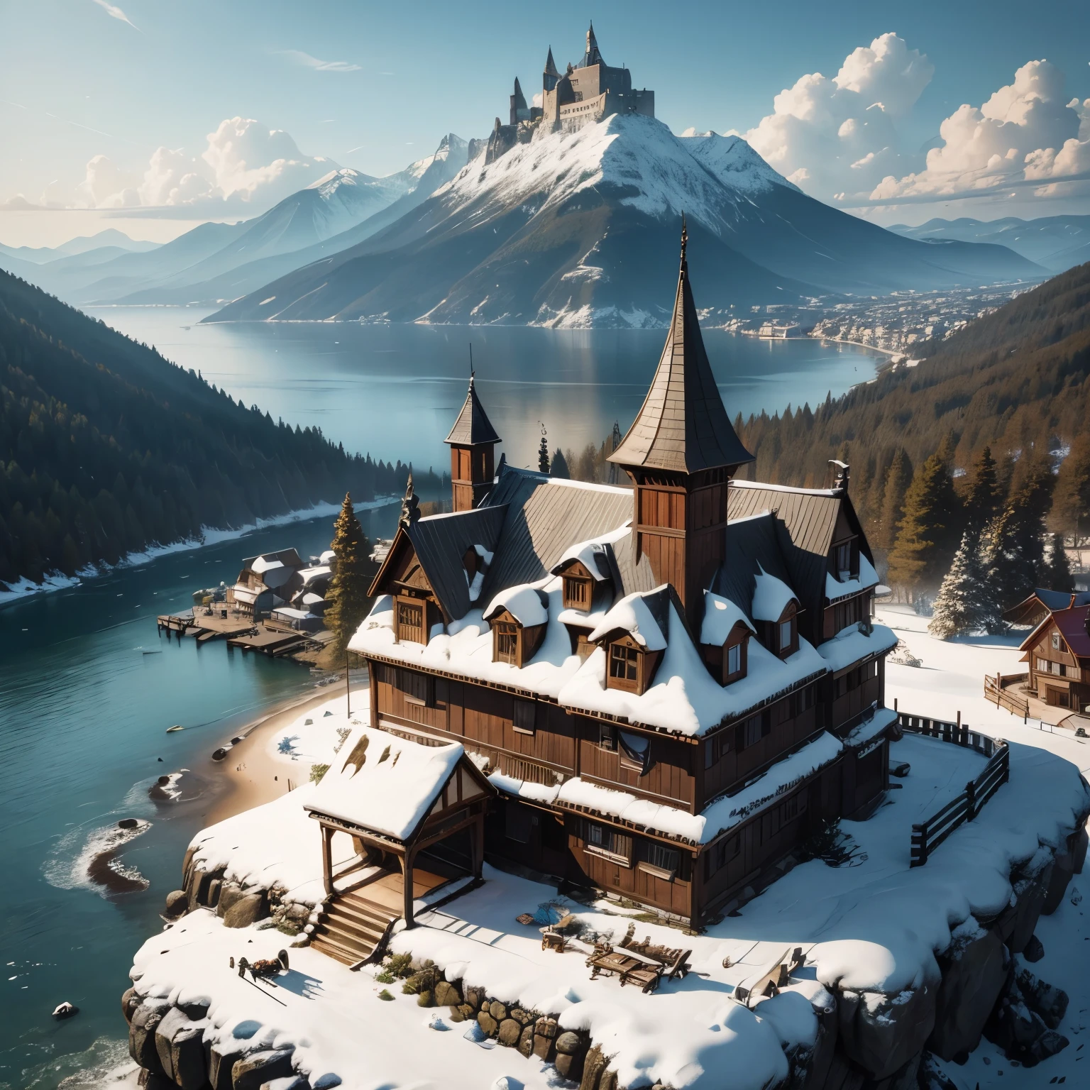 It was a small town in Vikings style surrounded by crumbling wooden walls. Within the courtyard were young people practicing swords, shields, and axes. A small castle made of wood and straw stood in the middle. Surrounding the city is surrounded by pine forests and mountains, slightly covered in snow. and is next to the seaside There is a small pier. epic scene, extremely detail, cinematic light, bird eye view