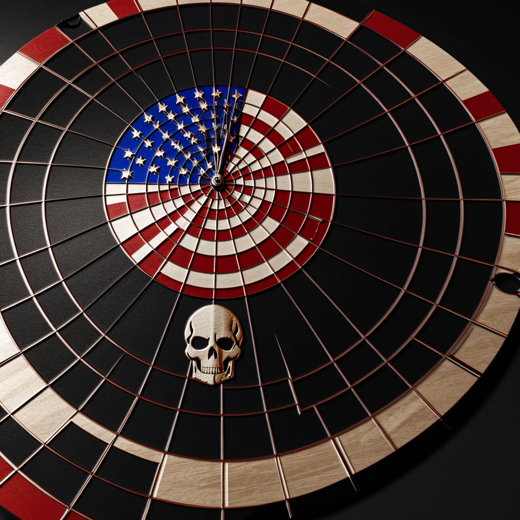 Photo realistic ultra high resolution rich color 3d. Png transparent background extremely detailed American Flag with gothic skulls Incorporate a dartboard theme military style