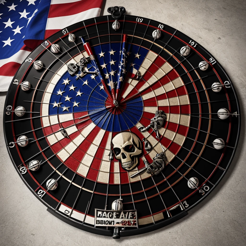 Photo realistic ultra high resolution rich color 3d. Png transparent background extremely detailed American Flag with gothic skulls Incorporate a dartboard theme military style