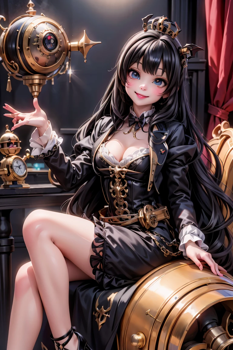 a cute vampire queen smiling, queen crown, wearing a queen dress, pumps, driving a steampunk machine