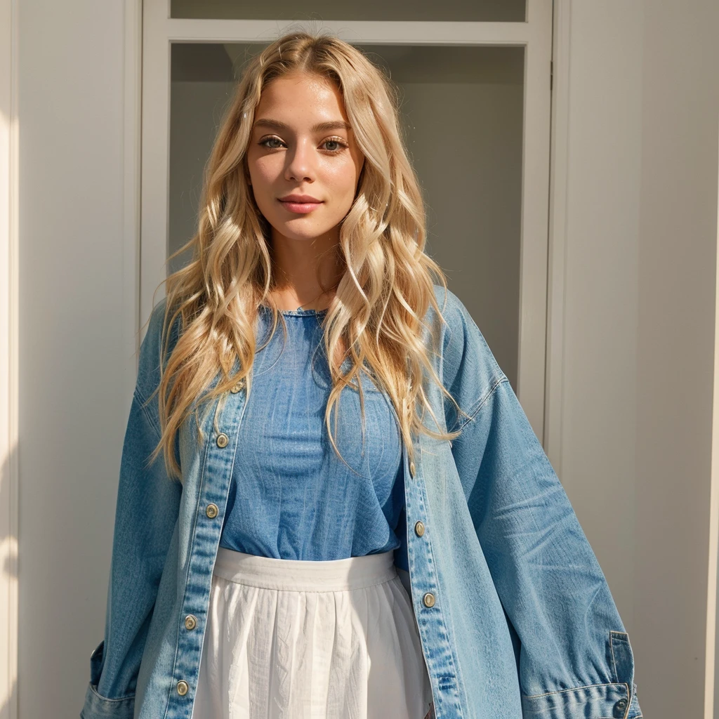 Design a female influencer who is blonde with wavy hair, AI that is beautiful, cute, and well dressed. Consider her style, Personalidade, and the type of content she creates. How she would express herself through fashion and appearance to resonate with her audience? What kind of clothing, colors, and accessories would best reflect her Personalidade and make her stand out?"