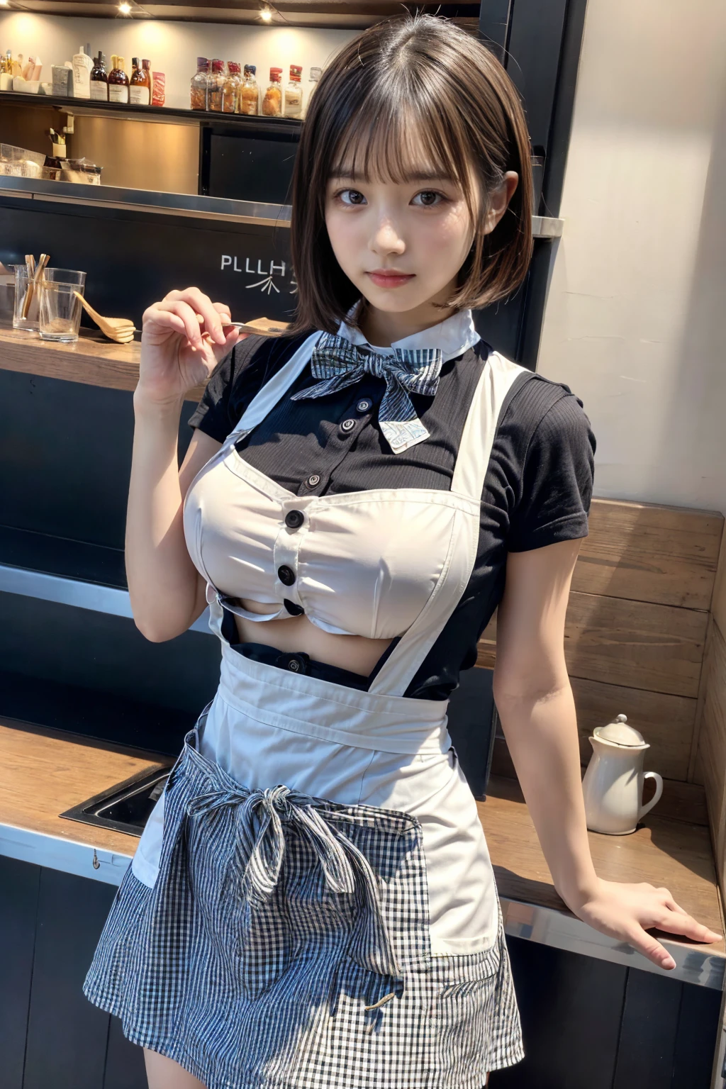 (8K, RAW Photos, Highest quality, masterpiece:1.2), masterpiece, super detailed, super high quality, (Realistic and photorealistic photography:1. 37), High-resolution RAW color photos, Very delicate and beautiful, highly detailed, 8k wallpaper, wonderful, detailed, Very eye, very detailed, very detailed skin, very thin fingers, very detailed nose, very detailed mouth, Perfect Anatomy, BREAK,1girl, (short hair:1.5), (round face:1.3), (double-breasted,underbust:1.2), (Plumpy body:1.2), (smooth skin:1.1), dynamic pose, (breasts:1.2), BREAK, (gingham-check suspender-apron:1.3), (solid-blue high-waist skirt:1.3), (apron over skirt:1.2), (white blouse:1.3), short sleeves, button gap, (solid-blue bow-tie:1.2 BREAK, cafe, restaurant,