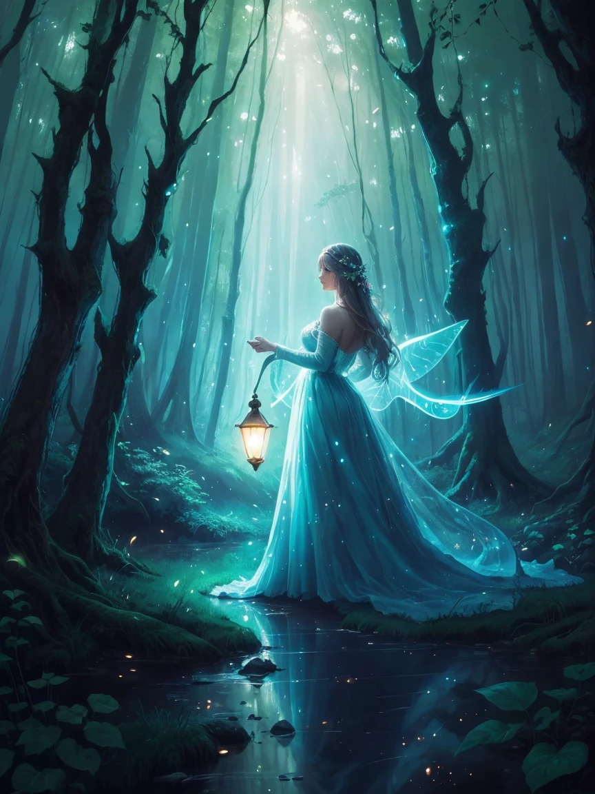 painting of a woman in a forest with a light shining on her, Fairy Dance in the Moonlight, magical highlight of concept art, enchanted with the spirit of nature, fireflies and glowing wisps, magical concept art, in a magical forest, a friendly lock, in the magic forest, magical forest with fireflies, in a forest at night, fairy tale painting