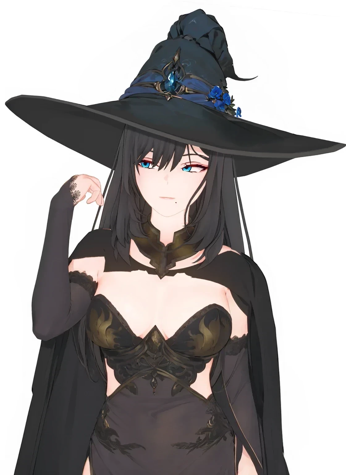 masterpiece, highly detailed, best quality, flower on the witch hat