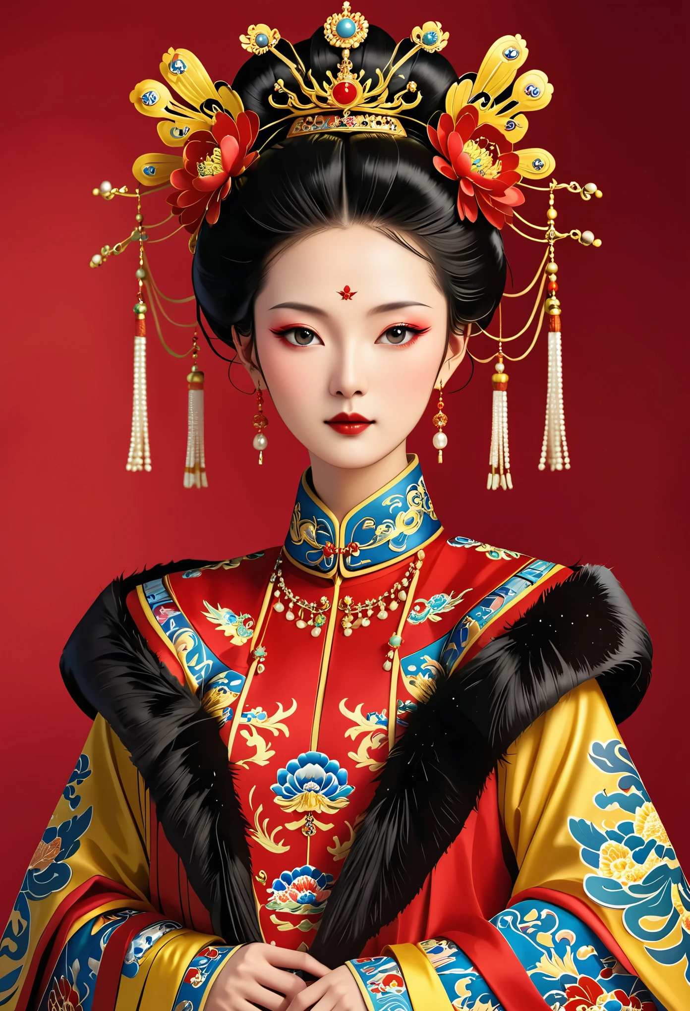 Phoenix Coronet：1.37.Solemn girl portrait，symmetry，Round Face，Bright Eyes，Smooth skin，Red peony headdress，Elegant and luxurious，Wealth，Gorgeous black and gold costumes，Chinese Qing Dynasty flag costumes,Selfish,Chinese Emperor，High bun，Gorgeous golden crown，tassel，palace，Clean background，(((Wu Zetian，Empress)))，Fur collar cape，Pearl tassels，Pearl Makeup，Red background