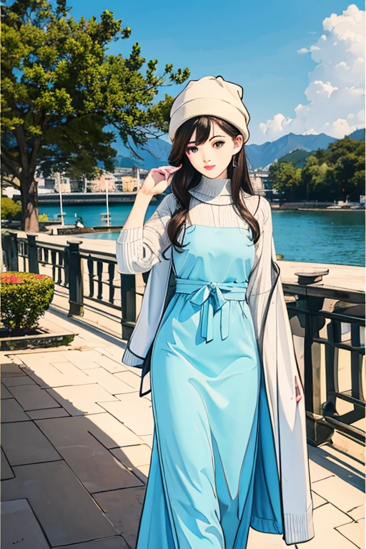 Highest quality、masterpiece、High sensitivity、High resolution、Detailed Description、Slender women、Slim Body、Knitted hat、Cafe Terrace、
