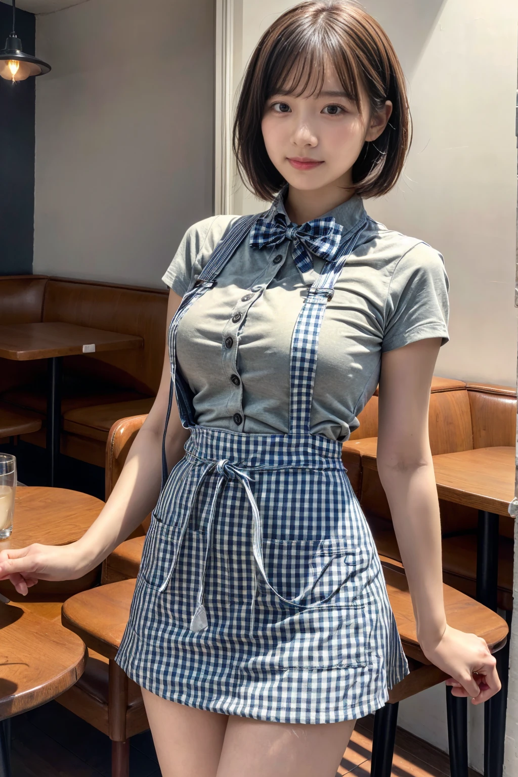 (8K, RAW Photos, Highest quality, masterpiece:1.2), masterpiece, super detailed, super high quality, (Realistic and photorealistic photography:1. 37), High-resolution RAW color photos, Very delicate and beautiful, highly detailed, 8k wallpaper, wonderful, detailed, Very eye, very detailed, very detailed skin, very thin fingers, very detailed nose, very detailed mouth, Perfect Anatomy, BREAK,1girl, (short hair:1.5), (round face:1.3), (double-breasted,underbust:1.2), (Plumpy body:1.2), (smooth skin:1.1), dynamic pose, (breasts:1.2), BREAK, (gingham-check suspender-apron:1.3), (solid-blue high-waist skirt:1.3), (apron over skirt:1.2), (white blouse:1.3), short sleeves, button gap, (solid-blue bow-tie:1.2 BREAK, cafe, restaurant,