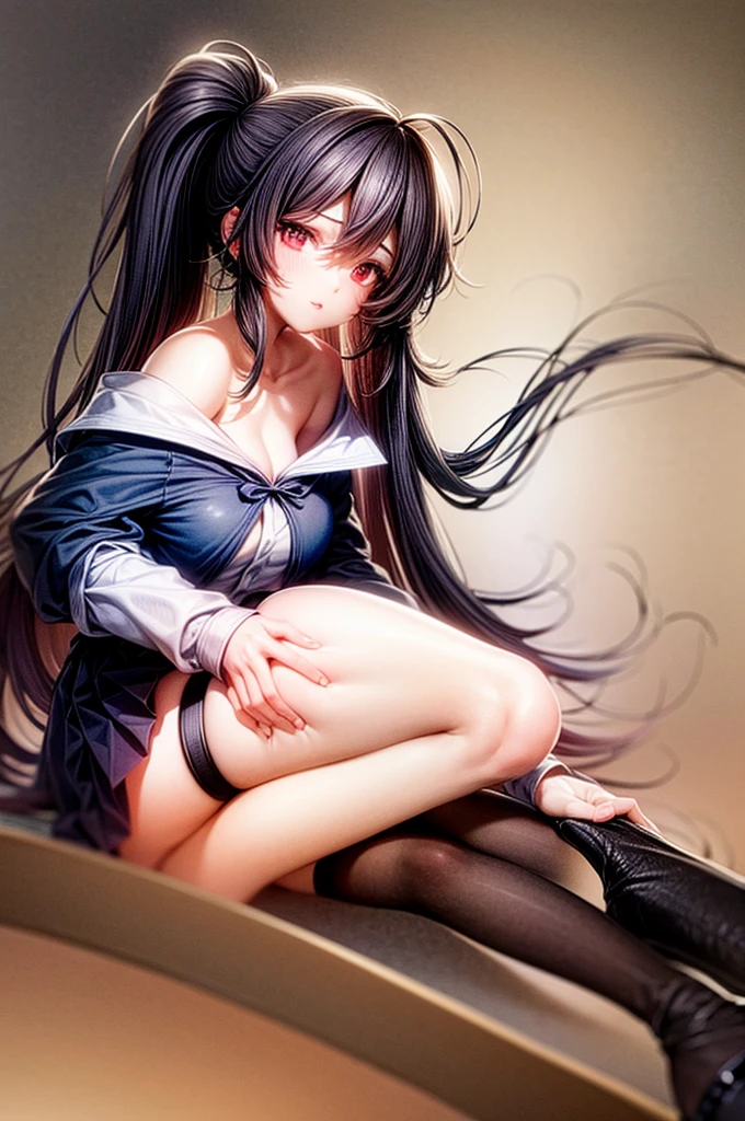 8K, drawn, masterpiece, high quality, highres, best quality, highres, 1girl, disheveled hair, illustration, focus on face, simple background, long hair, stockings, black hair, hair between eyes, calm, long bangs, ponytail, hair tie, crimson red eyes, large breasts, very long hair, breasts, perfect face, perfect legs, pleated skirt, full lips, arch back, add_detail:1