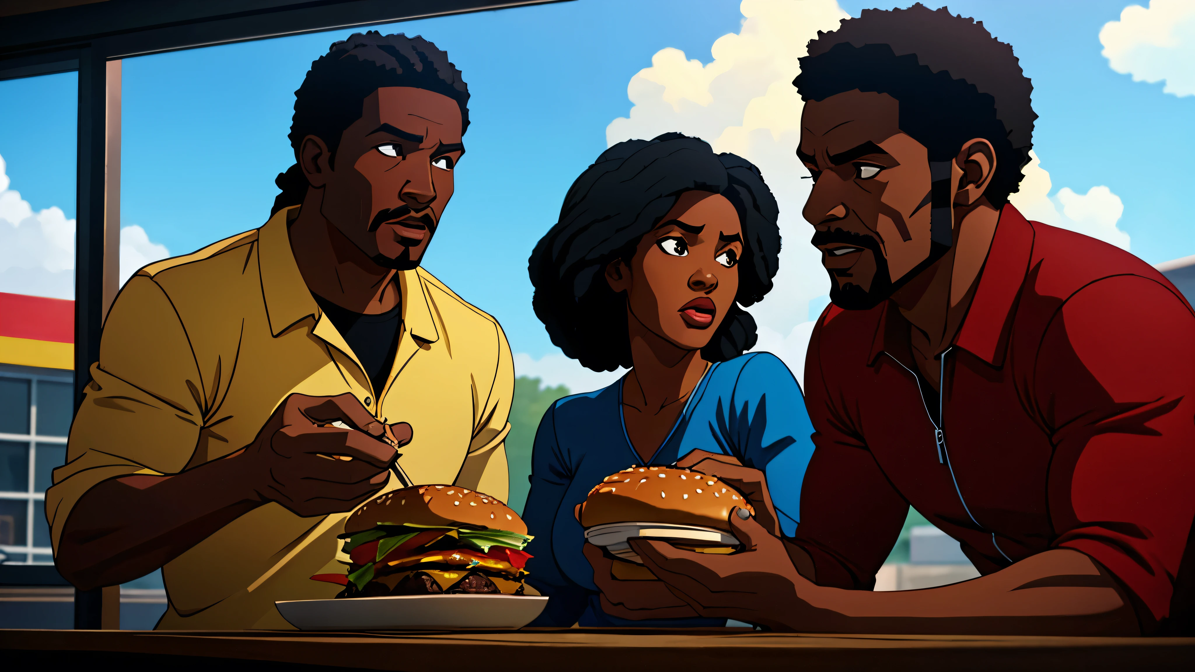 1970s, black man trying to feed a black woman a hamburger, cinematic action, atmospheric perspective, depth of field, textured skin, super detail,