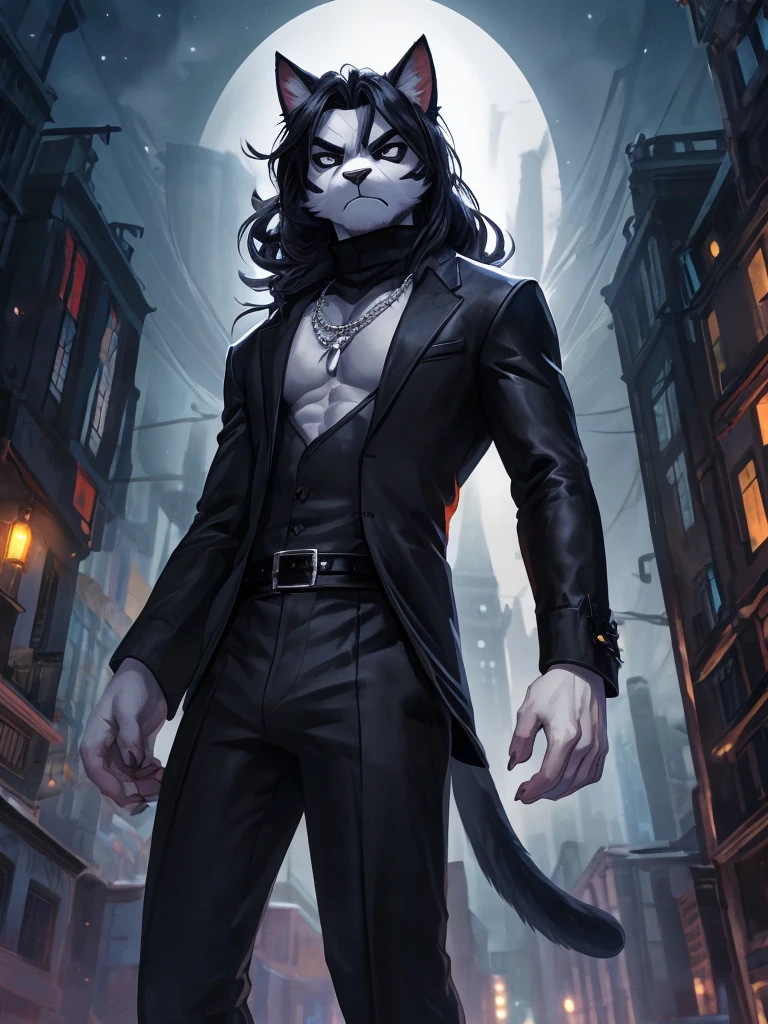 Ross Tran, ruan jia, trending on artstation, Male, (Male anthro cat:1.3), (Black fur with white fur patterns:1.1), (standing:1.3), (Foggy night city:1.23), (displeased expression:1.3), detailed eyes, black nose, (detailed eyes), (sharp white eyes), detailed background, 8k hd, (dark shadows, wide dynamic range, hdr, low light:1.2), (Skinny physique), slight black eyeshadow, (Long wavy black hair), (black long coat, black turtleneck, silver necklace, black dress pants), ((Gothic)), dynamic pose