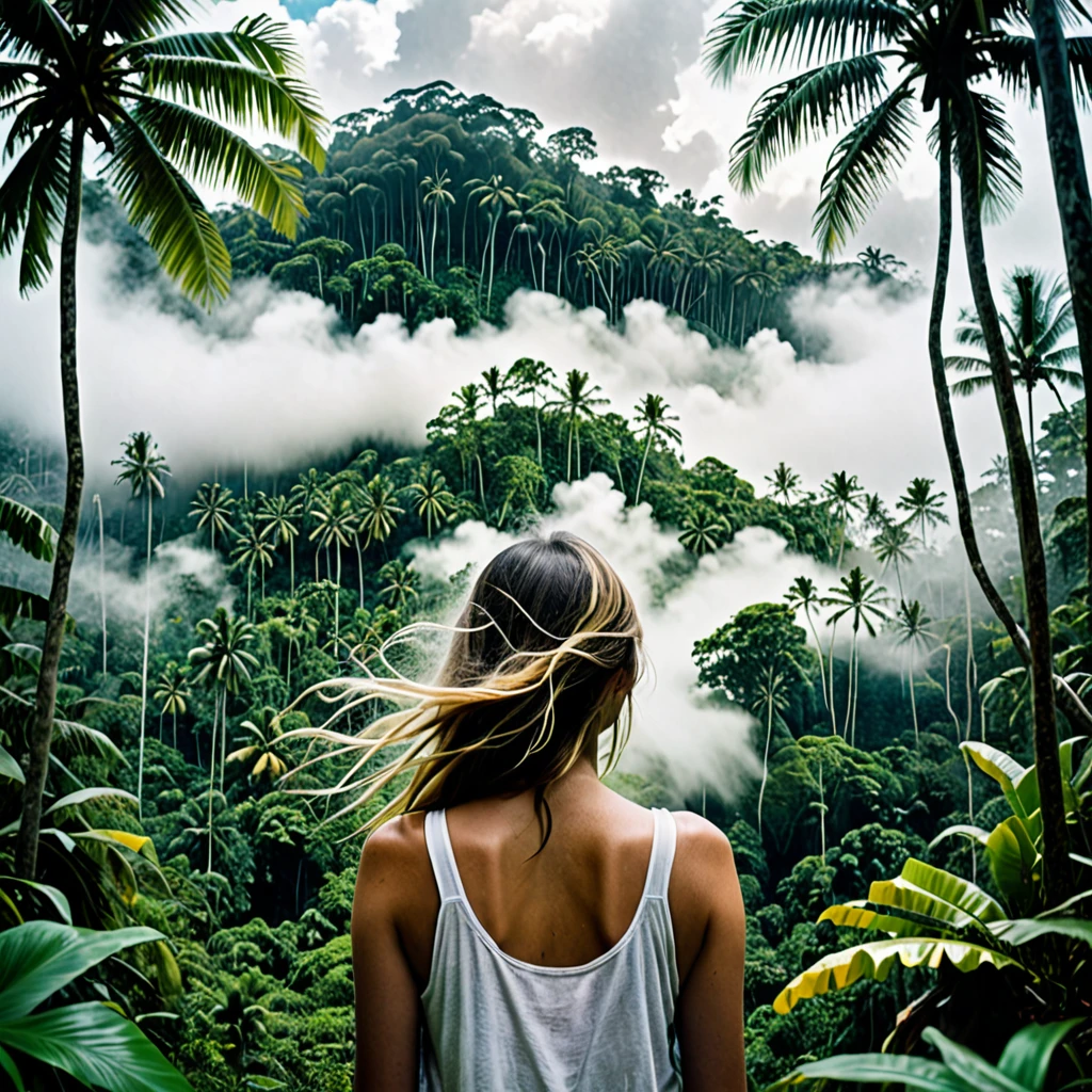 Triple exposure, a tropical forest, primitive village landscape with fog in the distance, 1 enterprising girl, village: 0,33, Immerse yourself in a huge flow of wind, live in white clouds, Beyond the clouds, (double exposure: 1,5), photo: Brandon Wolfelmist, Surreal dreams, earth's atmosphere, Sunny days, which is all, What you need, high dynamic range, contours, global illumination, RGB color, color drawings, high sharpness, 8K, Ghibli colors, Cubism, uhd, anatomical correctness, Precise Skin Texture, masterpiece, A high resolution, отмеченная наградами double exposure.