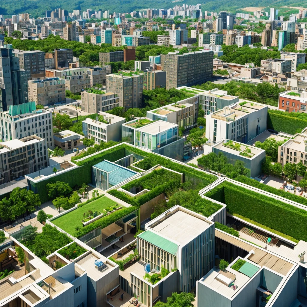 I need you to draw a style model of a city seen from above with the following characteristics of a Sustainable City:
Access to basic public resources Urban renewal actions Reduction of co2 emissions Promote fair trade Recycling Rooftop areas and green walls Design of sustainable houses and buildings Use of alternative energy Eco-technologies I don't want something so futuristic, I want it simple but that reflects those characteristics that you I just gave it and I also need that in each building that I draw its house, you put a type of sign above me that says what it is, for example, that in that building it helps reduce CO2 or something like that, I don't want the image to be so difficult or elaborate, I want it to be simple because later I have to draw it by hand. So I don't want it to have so many details. Please, I hope you understand. I need it to be almost like a hand-drawn drawing, as if it were a sketch