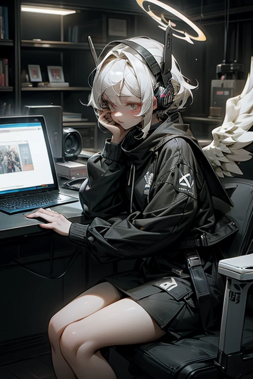 anime style, super fine illustration, highly detailed, dynamic angle, beautiful detailed, 8K, At night, in a dark room, Blake. A woman sits in front of her computer, unable to sleep. BREAK She is wearing a headset with a microphone and holding a video game controller(PS4 contoroller), BREAK She is playing a awesome game.God,Angel Wing,white hair,Angel Halo,perfect face,perfect hands,short hair,sharp eyes,perfect contoroller,8k quality,Break on desktop,army jacket,coffee,涙を流す,Break desktop on,
