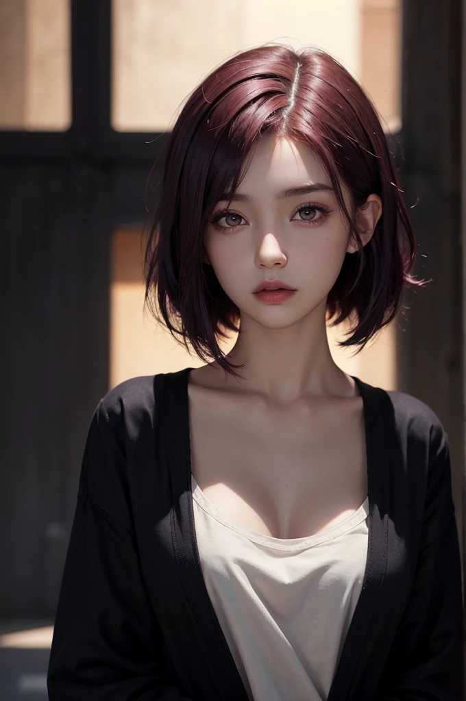 a 20 yo woman, red-purple hair, short hair, black eyes, dark theme, soothing tones, muted colors, high contrast, (natural skin texture, hyperrealism, soft light, sharp)