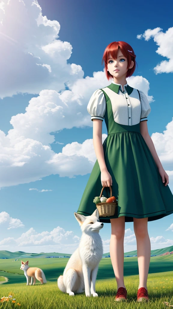 A giant white fox with a red tail and blue eyes, a girl with a vegetable dress and short red hair and white skin is standing next to the fox, both of them are standing on a green hill and staring at the big plain in front of them, in the style of digitalart anime colors. Sparkling cumulus clouds