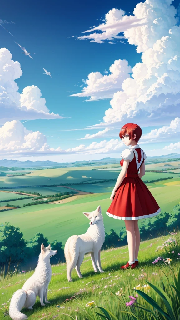 A giant white fox with a red tail and blue eyes, a girl with a vegetable dress and short red hair and white skin is standing next to the fox, both of them are standing on a green hill and staring at the big plain in front of them, in the style of digitalart anime colors. Sparkling cumulus clouds