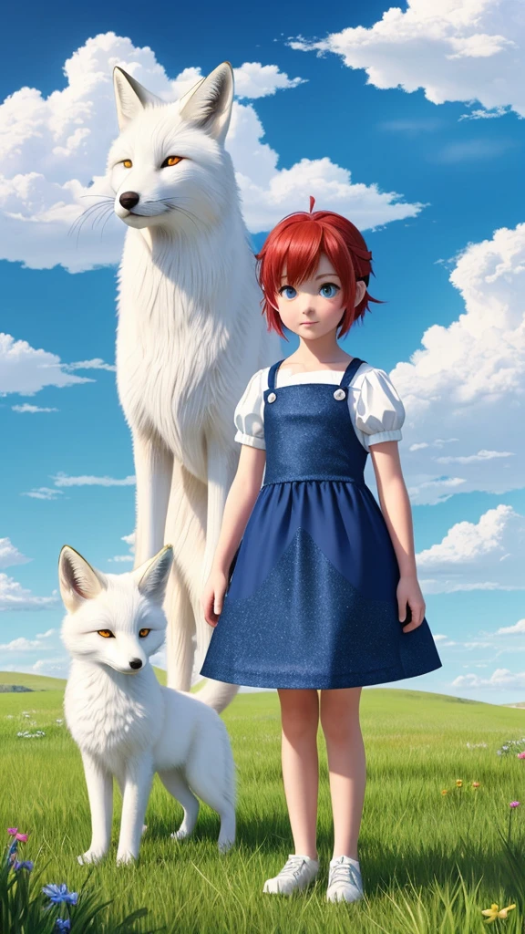 A giant white fox with a red tail and blue eyes, a girl with a vegetable dress and short red hair and white skin is standing next to the fox, both of them are standing on a green hill and staring at the big plain in front of them, in the style of digitalart anime colors. Sparkling cumulus clouds