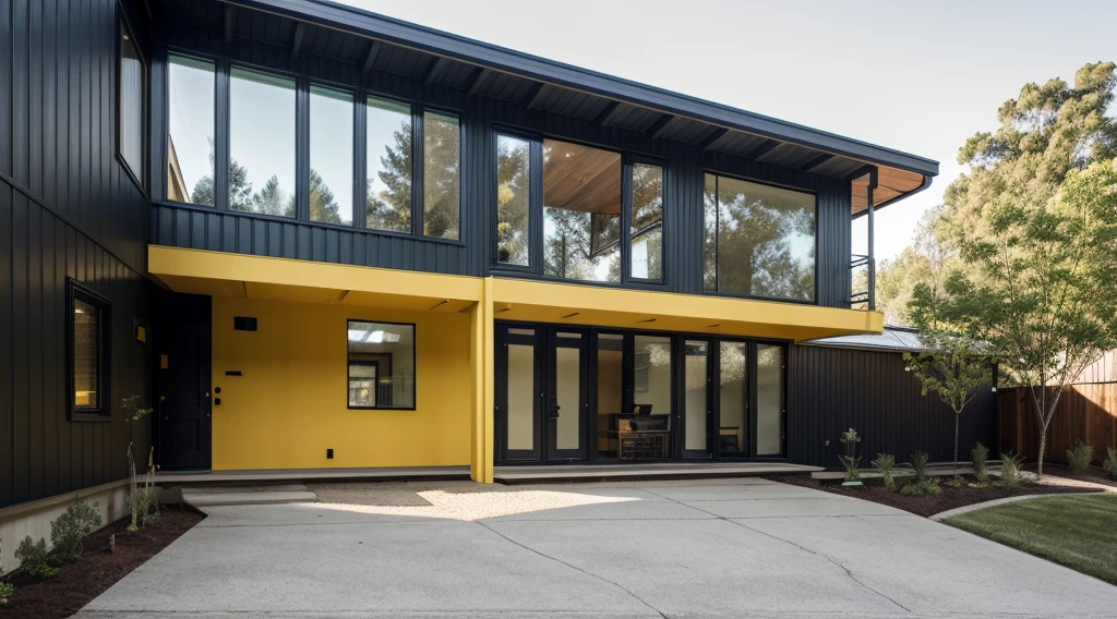 house exterior industry style, dark yellow and green color scheme, like an oldtime industry factory,raw materials, exposed structural elements, and simple, clean lines,rough-hewn steel, polished concrete, glass, and exposured brick,