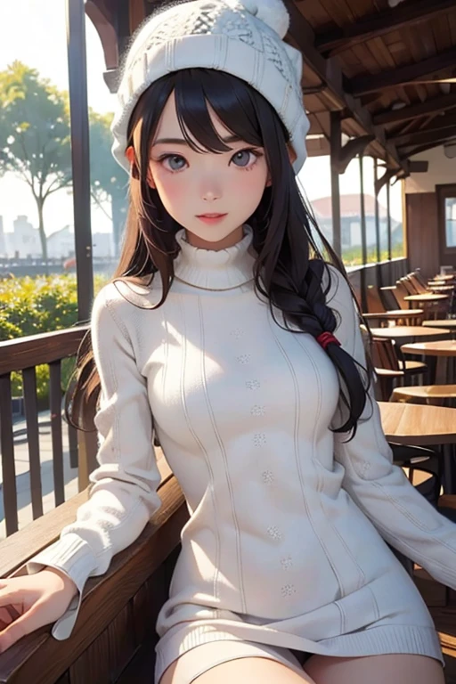 Highest quality、masterpiece、High sensitivity、High resolution、Detailed Description、Slender women、Slim Body、Knitted hat、Cafe Terrace、