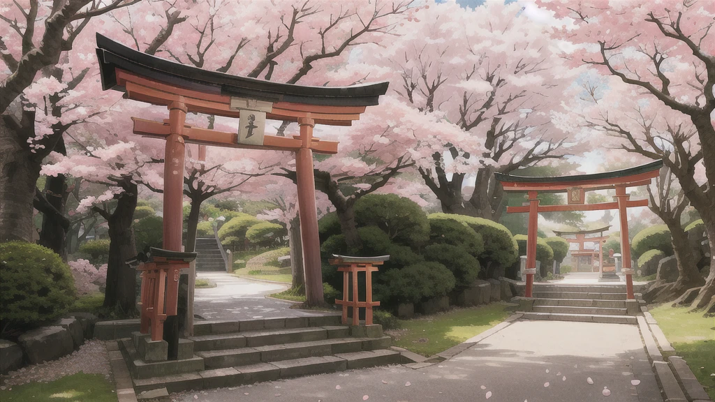 There is an open-air bath behind the shrine. Torii gate, cherry blossom tree, background only