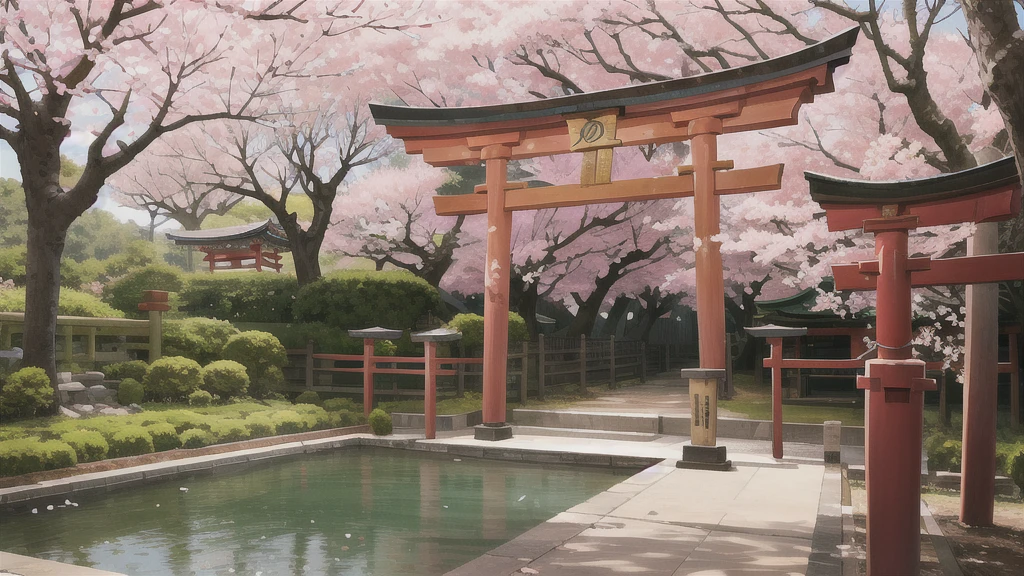 There is an open-air bath behind the shrine. Torii gate, cherry blossom tree, background only