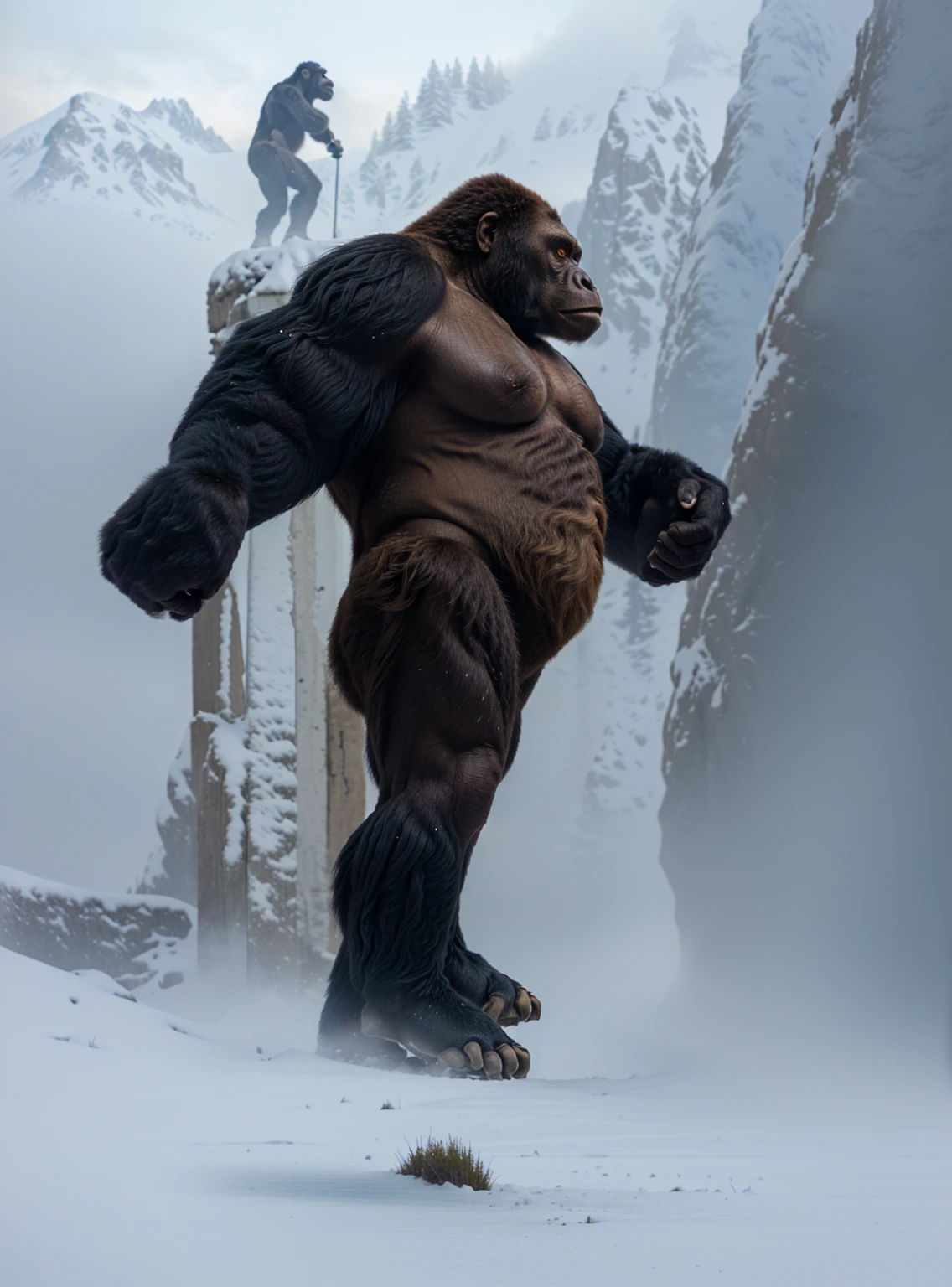 arafed gorilla standing on its hind legs with a white background, gorilla, A pose ,distant full body view, bigfoot, big foot, full body wide shot, whole body highly detailed, like gorilla, sasquatch,muscular,hairy, strong body, full body profile, 1/2 view realistic, full body shot hyperdetailed, highly detailed full body, ( sasquatch, full body close-up shot