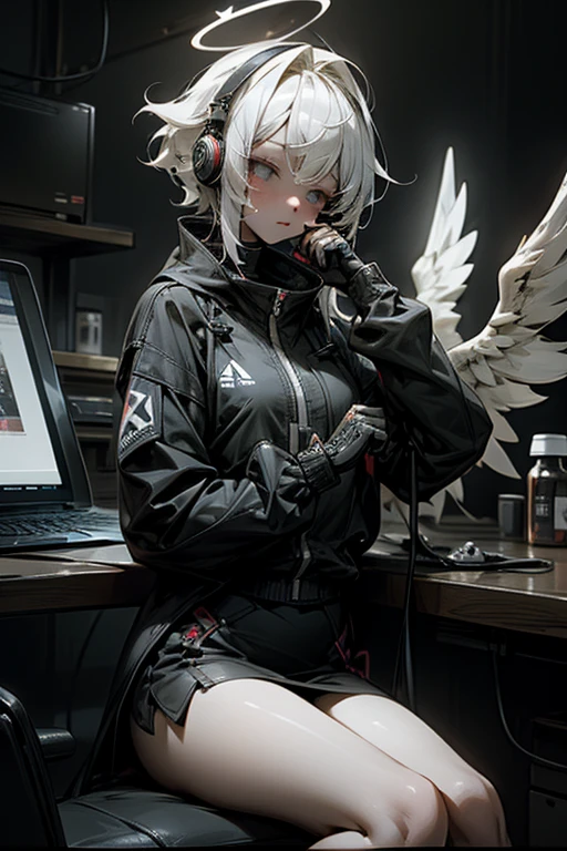anime style, super fine illustration, highly detailed, dynamic angle, beautiful detailed, 8K, At night, in a dark room, Blake. A woman sits in front of her computer, unable to sleep. BREAK She is wearing a headset with a microphone and holding a video game controller(PS4 contoroller), BREAK She is playing a awesome game.God,Angel Wing,white hair,Angel Halo,perfect face,perfect hands,short hair,sharp eyes,perfect contoroller,8k quality,Break on desktop,army jacket,coffee,涙を流す,Break desktop on,super detailed
