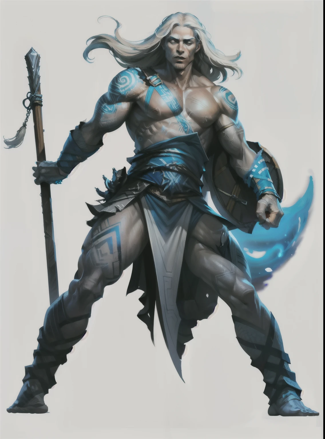 I want a character with a white background, png, full body image, Protector, a man, tall with long white hair and a shield almost smaller than him, and tribal tattoos all over his body, muscular and blue clothes