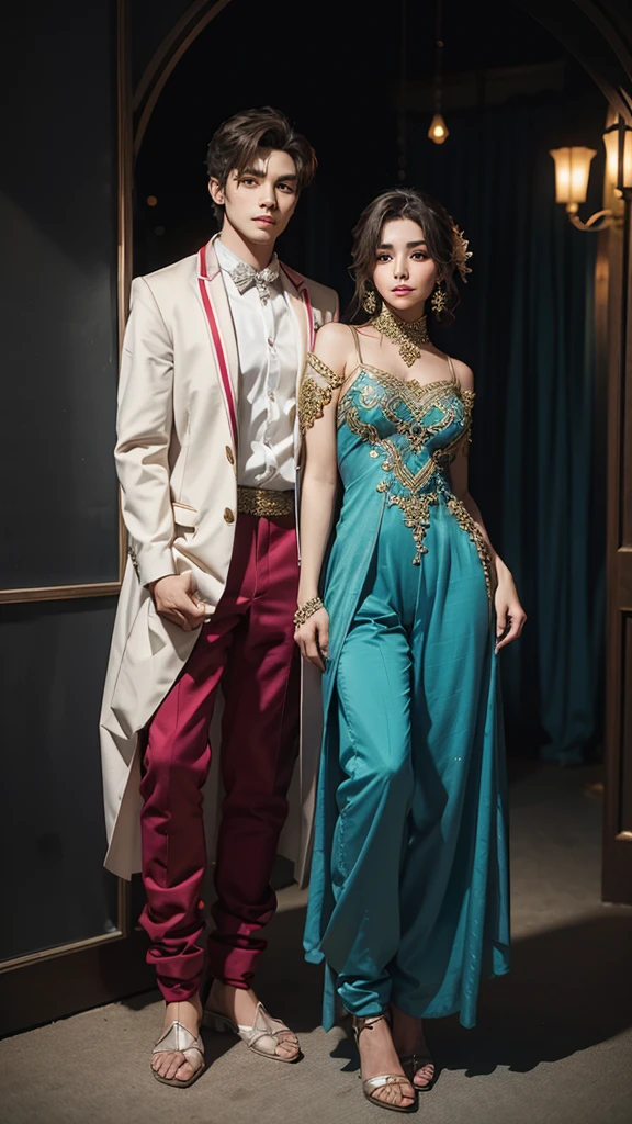 1 girl and 1 boy,girl wearing partywear dress, boy wearing pant and kameez,full body image,hot and sexy pose, girl show chut and boy show lund,realistic