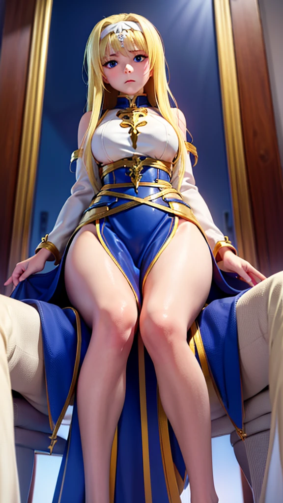 Princess Zelda, blue eyes, blonde, short hair, stunning proportions, white background, extremely detailed, full body shot, (cum, sweating, wet, dripping, garter belt, white thighhighs), blue clothes, gentle smile, spread legs, small breasts, looking down at viewer, panties pushed to the side